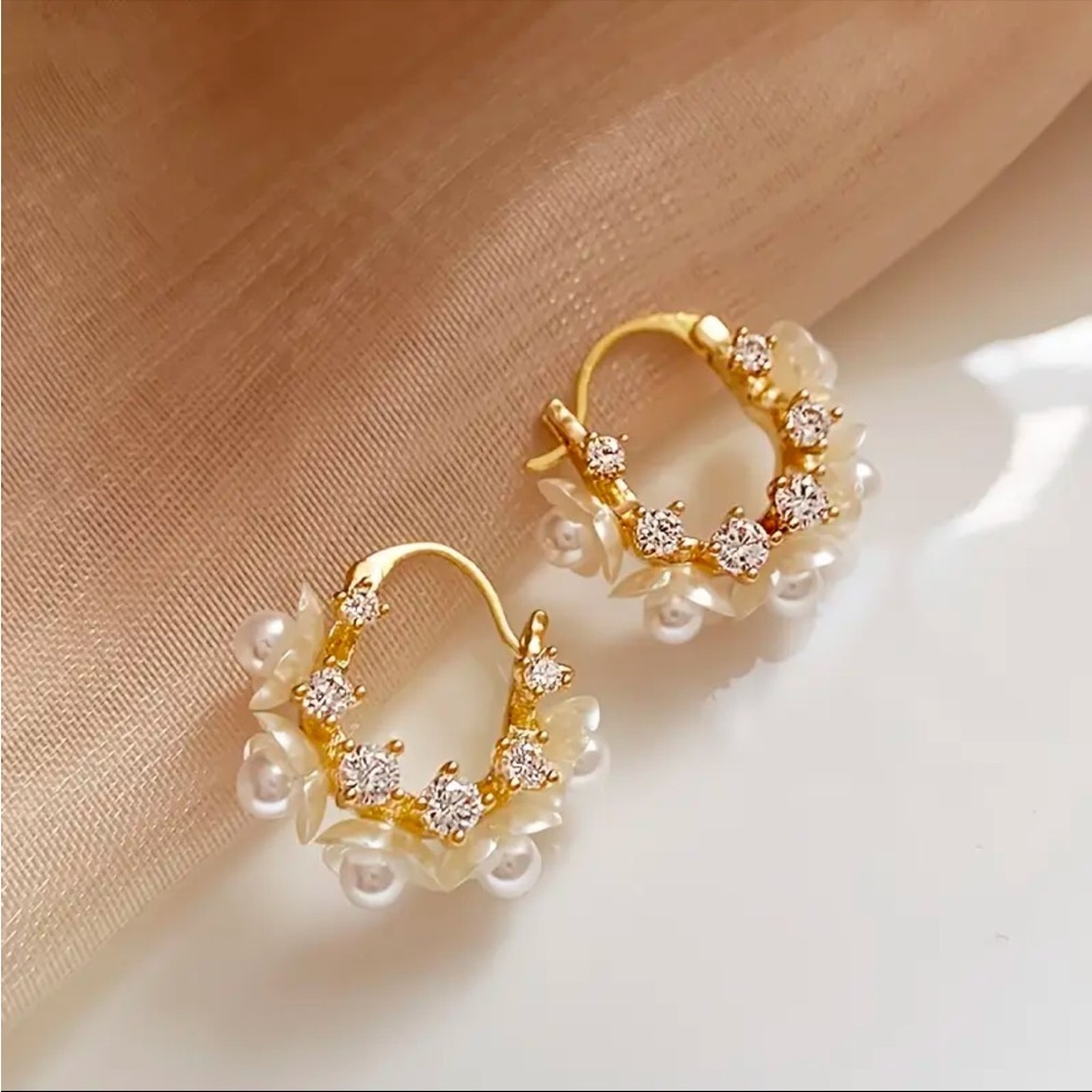 Pearl Hoop Earrings Floral CZ Accents Romantic Statement Jewelry NWT - Picture 2 of 6